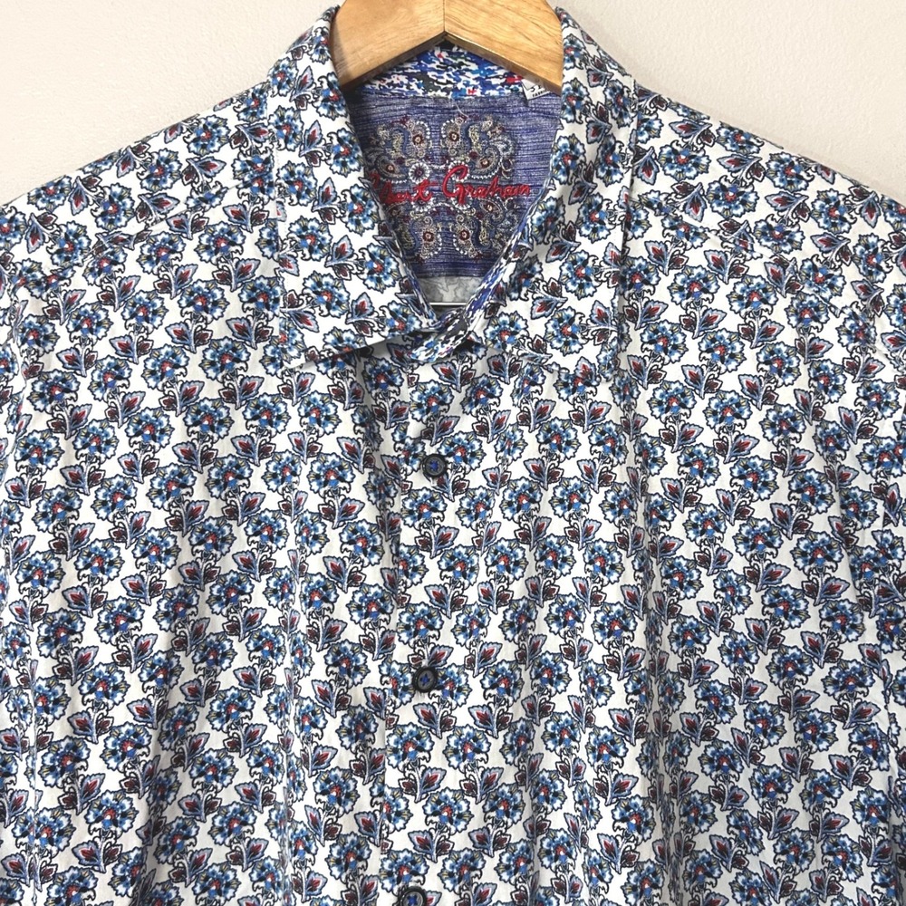 Robert Graham Shirt Mens 3XL White Blue Floral Medallion Short Sleeve Button Up